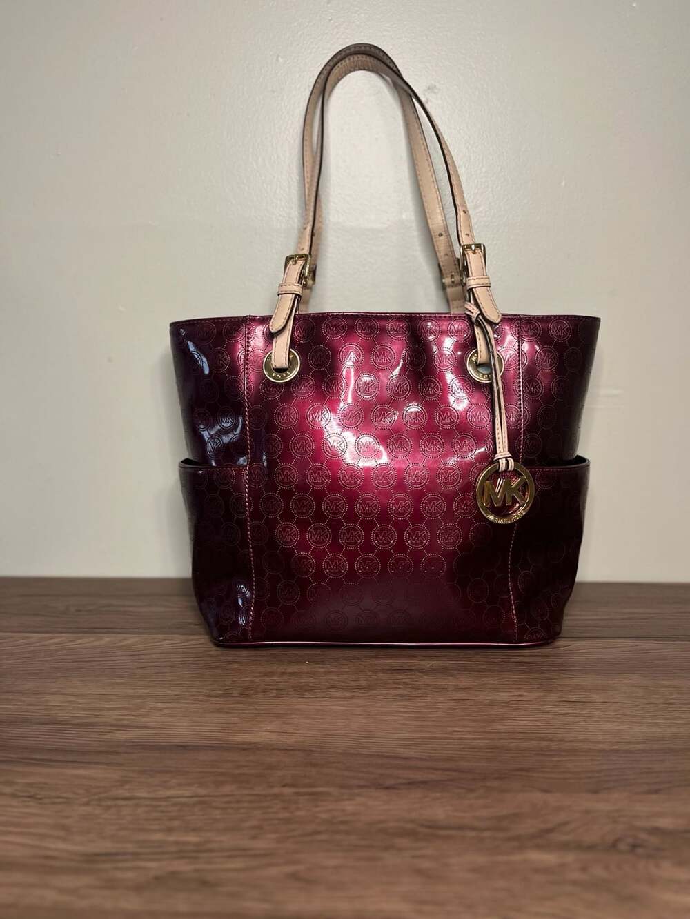 MICHAEL Michael Kors Jet Set Burgundy Patent Leather Monogram Tote Bag